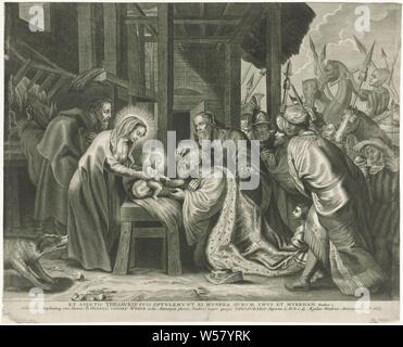 L'Adoration des Rois, Marie et Joseph montrent l'enfant Jésus aux trois sages dans une étable. Les trois offrent l'enfant leurs dons. Sur la droite, des membres de leur entourage watch. Dans la marge d'un texte de deux lignes en Amérique, l'adoration des rois : les sages présentent leurs cadeaux à l'enfant Jésus (or, encens et myrrhe), Adriaen Lommelin (mentionné sur l'objet), Anvers, 1663, papier, gravure, h 401 mm × W 496 mm Banque D'Images