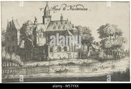 Le Château de Nijenrode sur la Vecht 't Huys dans Nieuweroden (titre sur l'objet) Châteaux et hôtels sur la Vecht et Amstel (titre de la série), vue sur le château de Nijenrode Vecht à Breukelen. L'impression est partie d'une série de six avec des spectacles de châteaux et hôtels situés sur la Vecht et Amstel., château, rivière, Kasteel Nijenrode (Barcelone), Vecht, Johannes Leupenius, 1666 - 1693, le papier, gravure, h 129 mm × W 203 mm Banque D'Images