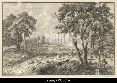 Paysage avec rivière arcadienne deer hunt paysages italiens et allemands (titre de la série), l'Arcadian rivière paysage avec les chasseurs et les chiens chassant le cerf. Dans l'arrière-plan deux vaches sont debout sur les banques. L'impression est partie d'une série de 40 estampes avec des représentations de paysages italiens et allemands., paysages avec eaux, eaux, des marines (dans la zone tempérée), hunter, onglons : cerfs, Adolf van der Laan, Amsterdam, 1721 et/ou 1710 - 1747, le papier, gravure, h 240 mm × W 367 mm Banque D'Images