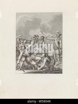La mort de Charles de Capman, 1575 Scènes de la vie du Prince William I, 1568-1584 (Titre de la série), au cours d'une bataille avec Mondragon, Charles de Capman trouve la mort sur le champ de bataille, le 29 septembre 1575. Cette gravure fait partie d'une série de 24 tirages avec des scènes de la vie du Prince William I, 1568-1584 et est une illustration pour la dix-septième chant., Mourir, bataille, les combats en général, Charles de Capman, Cristóbal de Mondragón y Otalora, Theodoor Koning, Amsterdam, 1785, papier, gravure, h 273 mm × W 217 mm Banque D'Images