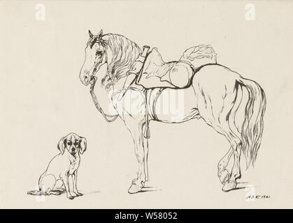 Cheval sellé et un chien, de l'étude d'un cheval sellé avec une patte et un chien assis, les chevaux et autres animaux, chien, Hendrik Abraham Klinkhamer (mentionné sur l'objet), Amsterdam, 1841, papier, gravure, h 143 mm × W 199 mm Banque D'Images