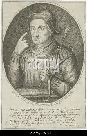 Dire, l'arbalétrier Willem Willem Tell, points à ses yeux, est titulaire d'une arbalète sous son bras gauche et une flèche dans la main. Il est vêtu de vêtements de fantaisie médiévale et porte un chapeau. Sous l'image d'un six-line Dutch vers, William Tell, armes de l'archer : arc, Ange Jan (I) (mentionné sur l'objet), 1791, papier, gravure, h 141 mm × w 95 mm Banque D'Images