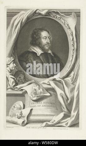 Portrait de Thomas Howard, deuxième Comte d'Arundel, Portrait de l'état anglais et collectionneur d'art Thomas Howard, deuxième Comte d'Arundel. Les bustes et les dessins sur papier sous le portrait sculpté, sculpture, reproduction d'une sculpture, dessin, Thomas Howard (2e comte d'Arundel), Jacob Houbraken (mentionné sur l'objet), Londres, 1744, papier, gravure, h 371 mm × W 235 mm Banque D'Images