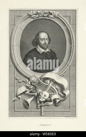 Portrait de William Shakespeare, William Shakespeare, Jacob Houbraken (mentionné sur l'objet), Amsterdam, 1743, papier, stylo, h 370 mm × W 233 mm Banque D'Images