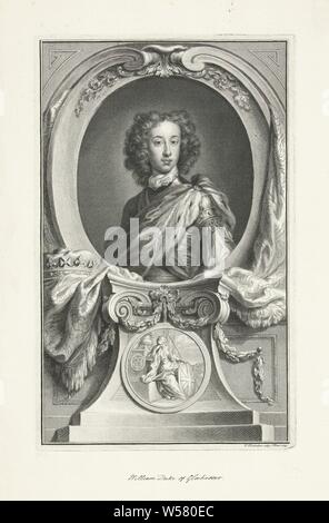 Portrait de William Henry, duc de Gloucester, Portrait du Prince William Henry, duc de Gloucester. Ci-dessous le portrait d'une image d'une figure féminine allégorique en deuil avec une lance et un bouclier., William Henry (duc de Gloucester), Jacob Houbraken (mentionné sur l'objet), 1745, papier, stylo, h 356 mm × W 223 mm Banque D'Images