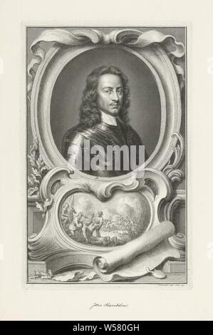 Portrait de John Hamden, avec un cartouche en dessous qui illustre son éventuelle blessure fatale lors de la bataille de Chalgrove le 18 juin 1643., John Hampden, Jacob Houbraken (mentionné sur l'objet), Amsterdam, 1740, papier, stylo, h 374 mm × W 238 mm Banque D'Images