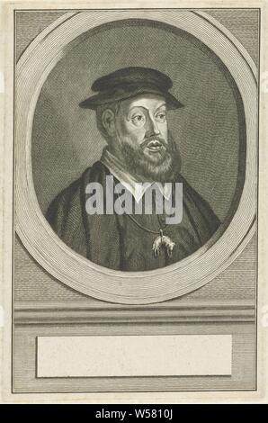 Portrait de Charles V de Habsbourg, Charles V de Habsbourg, empereur, du Saint Empire Romain, de son cou le signe de l'ordre de la Toison d'or. Buste à droite, dans un ovale châssis reposant sur une plinthe., Ordre de Chevalerie de la Toison d'or - insigne d'un ordre de chevalerie, ex : badge, la chaîne (avec nom de l'ordre), Charles V de Habsbourg (l'empereur allemand et Roi d'Espagne), Jacob Houbraken (mentionné sur l'objet), Amsterdam, 1708 - 1780, papier, gravure, h 168 mm × W 110 mm Banque D'Images