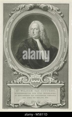 Portrait de Willem Van Citters M. Wilhelm Van Citters (titre sur l'objet), buste par Willem Van Citters, dans un cadre ovale avec au fond son arme et d'un piédestal où son nom et son titre en deux lignes en quatre lignes en Néerlandais, Willem Van Citters, Jacob Houbraken (mentionné sur l'objet), Amsterdam, 1759, papier, gravure, h 360 mm × W 233 mm Banque D'Images