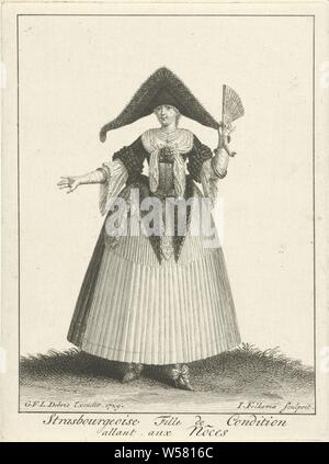 Costume traditionnel de Strasbourg Strasbourgeoise Fille de Condition allant aux Nôces. (Titre sur l'objet), une vraie femme, habillé en costume traditionnel de Strasbourg., costume, costume traditionnel, Jacob Folkema (mentionné sur l'objet), 1729, papier, gravure, h 148 mm × W 110 mm Banque D'Images