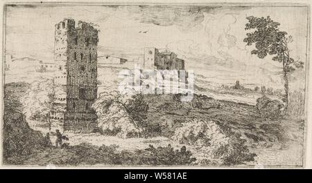 Paysage avec une tour carrée, un paysage avec une tour carrée à l'avant-plan. Dans l'arrière-plan une ville., Paysage avec la tour ou château (paysage urbain avec des chiffres, staffage), Abraham Genoels, Paris (peut-être), 1650 - 1723, le papier, gravure, w 170 mm x h 91 mm Banque D'Images