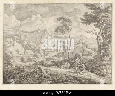 Trois bergers dans une tempête, dans une tempête trois bergers conduisent leur bétail à la ville. À côté de la route un arbre divisé par la foudre., Storm, l'élevage, le Gardian, herdswoman, berger, bergère, Bouvier, etc., paysages, Johannes Glauber Gottlieb (mentionné sur l'objet), 1666 - 1703, le papier, gravure, h 292 mm × W 394 mm Banque D'Images
