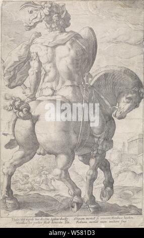 Titus Manlius sur l'héros romain (titre de la série), le héros Titus Manlius à cheval, vu de l'arrière. Dans l'arrière-plan vous pouvez voir comment il bat un adversaire à cheval. Deux lignes de verset en latin, (Histoire de) Titus Manlius Torquatus, ci-dessous le montrent, anonyme, Amsterdam, 1608 - 1635, papier, gravure, h 247 mm × W 159 mm Banque D'Images