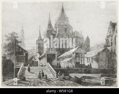 Vue sur le Nieuwmarkt d'Amsterdam, avec des chiffres près d'un pont en bois et des salles de marché à l'avant-plan, la Waag, ou Ville Anthonispoort et la tour de la Zuiderkerk en arrière-plan, le marché, pont, lécheuse, Nieuwmarkt (Amsterdam), la Waag sur le Nieuwmarkt (Amsterdam), Lambertus Hardenberg (1822-1900), à La Haye, en 1849 ou avant, papier, gravure, h 145 mm × W 198 mm Banque D'Images