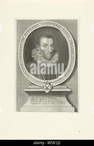 Portrait de Jacques Auguste de Thou, Jacques Auguste de Thou, historien français, collectionneur de livres et de président de la législature. Français avec légende, Jacques-Auguste de Thou, Pieter van Gunst, Amsterdam, 1659 - 1731, le papier, gravure, h 244 mm × W 177 mm Banque D'Images