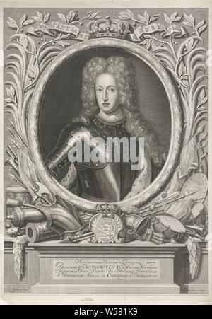 Portrait de Frédéric IV DE Danemark et Norvège, Frédéric IV, roi du Danemark et de la Norvège. Ci-dessous le portrait sont des armoiries. Au-dessus de la banderole d'un portrait avec la devise : 'Constantia et Labore", Pieter van Gunst (mentionné sur l'objet), Amsterdam, 1702, papier, gravure, w 287 mm × h 404 mm Banque D'Images