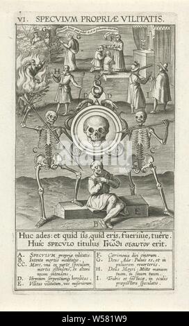Miroir de la vie Specvlvm vilitatis propriae (titre sur l'objet) Douze miroirs avec lequel l'homme tente de voir Dieu (titre de la série) Duodecim spéculum Deum (titre de la série), au premier plan un miroir avec un crâne. Quatre serpents autour du miroir, symbolisant le péché originel. Un croyant est assis sous le miroir sur un cercueil. Deux squelettes se tiennent de chaque côté du miroir et point leurs flèches au croyant. Dans l'arrière-plan Moïse et le buisson ardent, Adam et Ève dans le paradis terrestre, la bénédiction de deux de fervents croyants d'un prêtre, à l'arrière droit d'un garçon avec une écharde dans son oeil est réprimandé par Banque D'Images