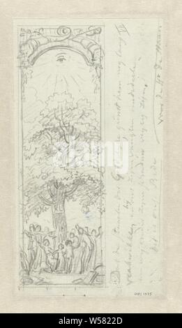 Groupe de personnes autour d'un arbre, sous l'All-Seeing Eye, Jurriaan Andriessen, 20-Dec-1806, papier, graphite (minéral), h 209 mm × W 115 mm Banque D'Images