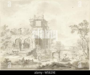 Châtelet d'abandon avec pont, ferme ou maison solitaire en paysage, barbiers Bartholomeus, 1784, papier, encre, crayon, pinceau, h 299 mm × W 383 mm Banque D'Images