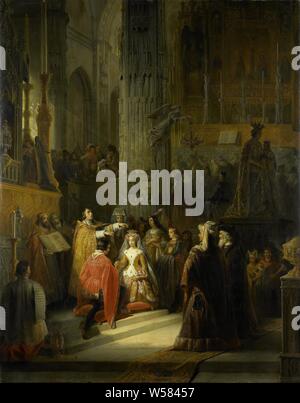 Le mariage de Jacoba de Bavière, comtesse de Hollande, et Jan IV, Duc de Brabant, le 10 mars 1418, le mariage de Jacoba van Beieren, fermé le 10 mars 1418 dans le hofkapel à La Haye. Intérieur de l'église dans laquelle le couple, à genoux à côté de l'autel, sont bénis par le prêtre. Les participants se sont réunis, regarder sur la gauche la lumière d'eau à travers l'église fenêtre, Jacoba van Beieren (comtesse de Hollande, Zélande et Hainaut), Jan IV (Duc de Brabant), Joseph Jacob Eeckhout, 1839, toile, de la peinture à l'huile (peinture), h 166 cm × w 132 cm Banque D'Images