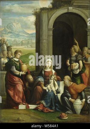 L'Adoration des Mages, l'Adoration des Mages. Marie est assise avec l'enfant Jésus sur ses genoux en face d'une colonne brisée par un arc classique. La gauche et la droite les rois avec leurs dons. Sur la droite, un vieil homme pointe vers l'étoile dans le ciel au-dessus de l'étable., Garofalo, c. 1530 - c. 1540, tableau de bord, de la peinture à l'huile (peinture), H 79 cm × w 58 cm Banque D'Images