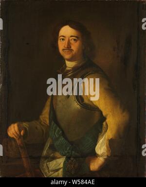 Pierre le Grand, Tsar de Russie, Portrait de Pierre le Grand (1672-1725), Tsar de Russie. Demi-longueur, debout à gauche, dans la poitrine, à l'ARMOR à l'afficheur. La main droite sur un bâton, la main gauche sur le côté, l'empereur, de la Sibérie, Peter I le Grand (tsar de Russie), anonyme, de la Russie, 1700 - 1749, la toile, la peinture à l'huile (peinture), h 110 cm × w 91 cm d 5 cm Banque D'Images