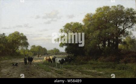 Dans Drenthe paysage, paysage de la Drenthe. Une femme conduit un troupeau de vaches le long d'un large chemin entre les arbres., Julius Jacobus van de Sande Bakhuyzen, 1882, toile, de la peinture à l'huile (peinture), H 55 cm × w 95,5 cm d 16 cm w 24 kg Banque D'Images