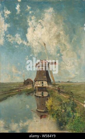 Un moulin à vent sur un polder Waterway, connu sous le nom de 'au mois de juillet', présentation d'un moulin à vent sur un polder dans le canal de l'été. L'usine se reflète dans l'eau. Sur la droite un homme marche sur le chemin de l'usine, sur la gauche une maison, moulin, canal en mode paysage, paysage symbolisant Juillet, Paul Joseph Constantin Gabriel, ch. 1889, la peinture à l'huile (peinture), toile, peinture, h 102 cm × w 66 cm × d 14 cm Banque D'Images