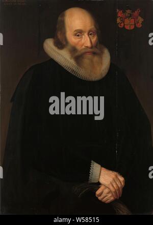 Portrait d'Antonius Antonides van der Linden, médecin à Amsterdam, médecin à Amsterdam. Demi-longueur, mains croisées devant le ventre, des gants à la main gauche. Haut à droite le blason de la famille., Hendrik Meerman, 1633, panneau, de la peinture à l'huile (peinture), H 88 cm × 63 cm Banque D'Images