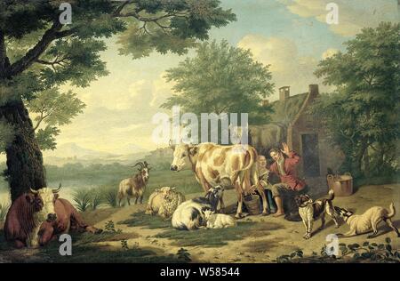 La traite, l'heure de la traite. Dans la cour en face d'une ferme laitière d'une espièglerie de lait dans les sprays le visage de l'homme assis à côté. Les chiffres plus de bétail (vaches, moutons, chèvres) et deux chiens. Paysage avec un lac et des montagnes sur la gauche au loin., Jan van Gool, 1710 - 1763, de bord, de la peinture à l'huile (peinture), H 42 cm × 63 cm d 5,5 cm Banque D'Images