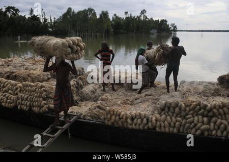 Le 26 juillet 2019, Kurigram, Bangladesh : charge de travail ensemble jute à partir d'un bateau à un camion pour livrer une usine, près de Bhogdanga, Kurigram. Credit : MD Mehedi Hasan/ZUMA/Alamy Fil Live News Banque D'Images