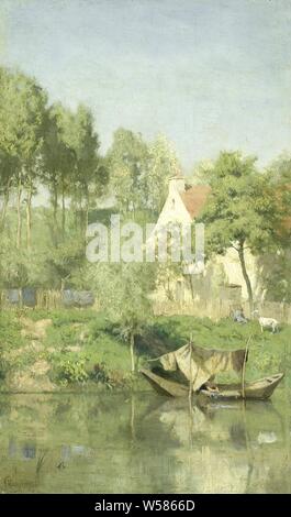 Sur l'Oise, sur l'Oise. Vue d'une maison avec un jardin entre les arbres sur les rives de la rivière Oise. Un petit bateau est couché à terre sous un auvent de chiffons. La banque sur un enfant avec une chèvre, rivière (paysage avec figures, staffage), Oise, Coen Metzelaar (mentionné sur l'objet), 1877, toile, de la peinture à l'huile (peinture), h 45,9 cm × 27,8 cm × w t 3 cm d 7,8 cm Banque D'Images