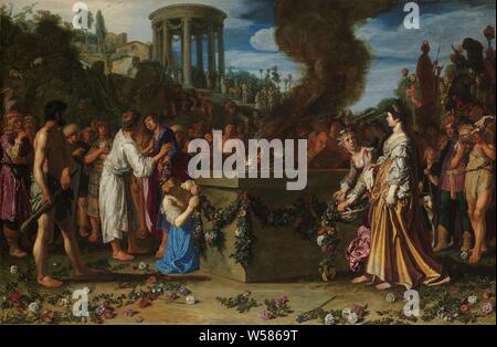 Oreste et Amenta conteste à l'autel l'Orestie et contestant Pylades sur l'autel sacrificiel, La bataille entre Oreste et Amenta. Les deux amis sont sur la gauche de l'autel avec brûler les branches. Sur la gauche, le bourreau attend avec un bâton dans la main. Sur le droit Iphigénie qui reconnaît son frère Oreste, une jeune fille se jette des fleurs sur le sol à ses pieds. Une grande foule s'est rassemblée autour de l'autel, sur la gauche, une fille est en joignant une guirlande de fleurs à l'autel. Sur la droite se trouve la statue d'Artémis, sur une colline en arrière-plan un temple circulaire dédié à Artémis à partir de laquelle une Banque D'Images