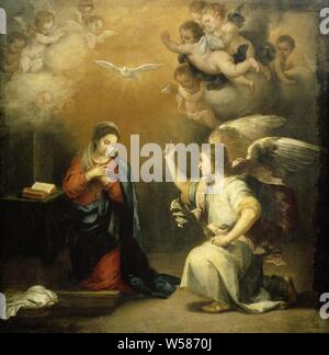 Annonciation à la Vierge, l'annonciation à Marie. Mary se tourne vers l'ange qui s'agenouille devant elle. L'ange a une succursale avec lis dans la main. Maria est agenouillé devant une table avec un livre ouvert. Dans le ciel la colombe de l'Esprit Saint et les anges sur les nuages., Bartolomé Esteban Murillo, 1660 - 1680, la peinture à l'huile (peinture), toile, peinture, H 98 cm × w 100 cm d 9 cm Banque D'Images