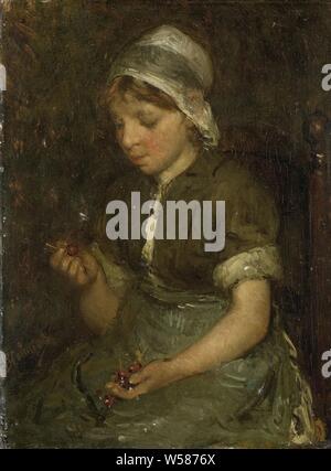 Fille aux cerises, assis avec cerises fille dans ses mains., Bernardus Johannes Blommers, ch. 1860 - c. 1914, tableau de bord, de la peinture à l'huile (peinture), H 31 cm × 22,5 cm w t 4,5 cm Banque D'Images