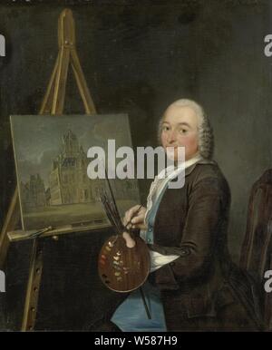 Portrait de Jan Ten Compe, peintre et marchand d'Amsterdam, portrait de Jan Ten Compe (1713-61), peintre et marchand d'Amsterdam. Le peintre est assis avec une palette et des pinceaux à la main derrière une peinture d'une représentation de l'hôtel de ville de Delft, Jan ten Compe, Tibout Regters, 1751, panneau, de la peinture à l'huile (peinture), h 28,5 cm × w 24 cm Banque D'Images