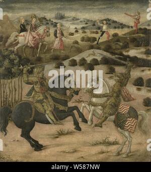 Légende d'un Chevalier (jupe d'un cassone), embout d'un cassone avec une représentation d'un chevalier de légende. Dans l'avant-plan dans un paysage, deux cavaliers sont à cheval avec des épées. Dans l'arrière-plan une scène de chasse avec deux femmes à cheval, noblesse et patriciat, la chevalerie, la chevalerie, Armor, corps à corps (cavalerie, cavaliers), duel, anonyme, Florence, 1450 - 1474, panel, tempera, H 40 cm × w 42 cm d 5,5 cm Banque D'Images