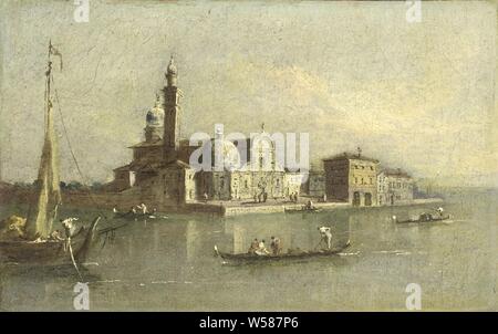 Vue de l'Isola di San Michele à Venise, vue de l'Isola di San Michele à Venise. L'église se situe entre quelques autres bâtiments sur l'île, à l'avant-plan les gondoles et un plus grand bateau, la ville en général, 'veduta" (-scape) avec les chiffres, staffage), les canaux, les eaux (en ville) (ville (-scape) avec des chiffres, gondole, Isola di San Michele, Giacomo GUARDI (attribué à), 1774 - 1835, la toile, la peinture à l'huile (peinture), H 14 cm × w 21,5 cm d 5,5 cm Banque D'Images