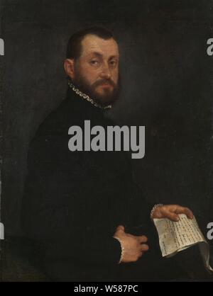 Portrait d'un homme, Portrait d'un homme. Debout, demi-longueur, appuyé contre une table. Dans la main gauche une lettre anonyme, personne historique dépeint, Giambattista Moroni (mentionné sur l'objet), 1565, toile, de la peinture à l'huile (peinture), H 87 cm × w 66 cm d 6 cm Banque D'Images