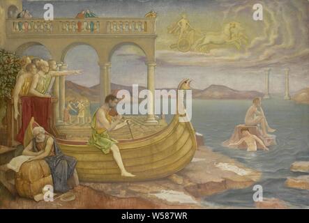 La construction de l'Argo", "La construction de l'Argo navire ''. Sur la gauche, le navire est construit sur la plage, du quai d'un groupe d'argonautes sont dirigés l'un vers la mer. Dans l'eau un peu de baigneurs, dans les deux colonnes qui forme l'entrée de la baie. Apollo conduit sa voiture solaire dans le nuage, l'Argo est construit, parfois avec l'aide de Minerva, Apollo dans le char du Soleil, tiré par quatre chevaux, généralement précédé par Aurora tenant un flambeau, 'Carro del Sole" (RIPA), Antoon Derkinderen, 1901 - 1911, toile, tempera, H 65 cm × w 95,3 cm d 7,6 cm Banque D'Images