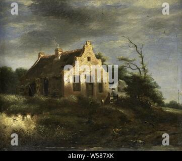 Ferme dans un paysage de dunes boisées, une ferme avec un gable dans un paysage de dunes. En face de la maison se trouve un homme par la clôture, dans l'avant-plan un berger, ferme ou maison solitaire en paysage, Jacob Isaacksz. van Ruisdael (école de), 1650 - 1750, de bord, de la peinture à l'huile (peinture), H 24 cm × w 28,5 cm d 4,5 cm Banque D'Images