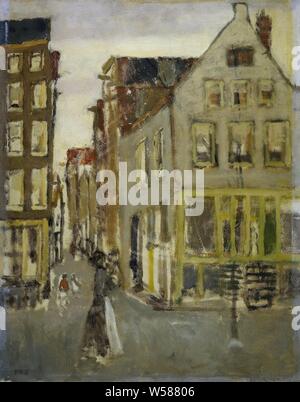 De jonction avec Lauriergracht au Tweede Laurierdwarsstraat, de jonction avec Lauriergracht au Tweede Laurierdwarsstraat. À l'intersection des deux rues une femme entre avec un enfant sur son bras, rue (paysage urbain avec des chiffres, staffage), jonction avec Lauriergracht, Tweede Laurierdwarsstraat, George Hendrik Breitner (mentionné sur l'objet), Amsterdam, 1917 - 1918, de bord, de la peinture à l'huile (peinture), H 41 cm × w 32,5 cm Banque D'Images