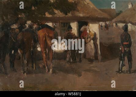 Le cantonnement des troupes, le cantonnement des soldats dans les maisons d'un village. Deux agricultrices parlons en face de la porte avec quelques hussards, leurs chevaux sur la gauche, bon accueil, George Hendrik Breitner, 1880 - 1919, la toile, la peinture à l'huile (peinture), H 51 cm × w 75 cm d 11 cm Banque D'Images