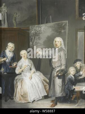 Le peintre de paysages Dirk Dalens III (1688-1753) avec sa seconde épouse Maria Schaack (né 1766) et les enfants Anna (née 1725), Willem (1737-60) et Jacobus (1741-63), portrait de famille du peintre de paysages Dirk Dalens III (1688-1753) avec sa seconde épouse Maria Schaack (né 1766) et les enfants Anna (née 1725), Willem (1737-60) et Jacobus (1741-63). Sur la gauche une femme verse une tasse de thé. Le peintre se tient au milieu avec palette et pinceaux dans la main gauche et des points à une peinture d'un paysage sur un chevalet, tandis que les deux garçons regarder les dessins sur la droite. Différents tableaux Banque D'Images