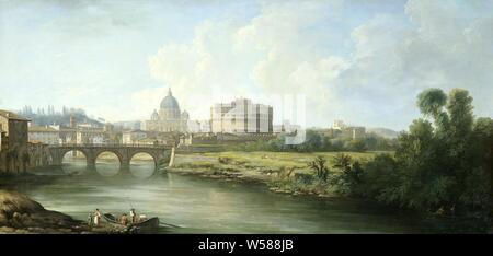 Vue sur le Castel Sant'Angelo à Rome, en vue de l'autre côté du Tibre à Rome le Castel Sant'Angelo et Saint Peter's. Au premier plan les figures à un ferry ou un bateau de pêche, plus à l'arrière la Ponte S. Angelo, perspective de la cité, la ville panorama, silhouette de ville avec chiffres, staffage), dans l'ensemble de la ville de pont, rivière, canal, etc, Rome, Tiber, Castel Sant'Angelo, de la Basilique Saint Pierre, Angel, Pont Pierre Antoine Demachy (attribué à), 1750 - 1800, la toile, la peinture à l'huile (peinture), H 48 cm × w 97,8 cm d 5,2 cm Banque D'Images