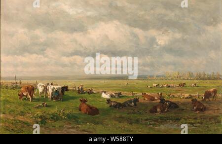 Paysage de prairie pâturage avec des bovins, paysage paysage de pâturages avec des vaches. Sur la gauche une traite d'une vache, à côté de lui sont un joug et un seau. Une femme avec un joug sur les épaules et deux enfants devant une barrière, vache, Willem Roelofs (I), ch. 1880, tableau de bord, de la peinture à l'huile (peinture), h 49,2 cm × w 77,3 cm H 83 cm × 113 cm × w d 13 cm Banque D'Images