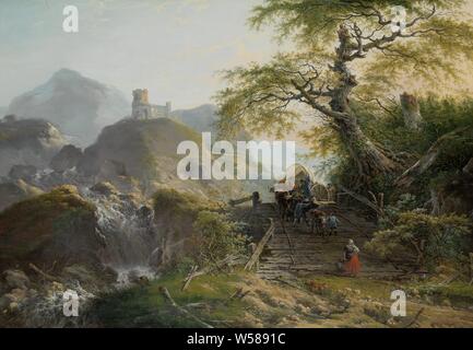 Paysage montagneux près de Düsseldorf, paysage de montagne avec les pilotes, la conduite d'un chariot de boeuf sur un ancien pont en bois abandonné près d'un arbre. Sur la gauche d'une cascade et les ruines d'un château sur une colline, montagne, paysage avec château, pont, aqueduc ou viaduc, quatre-roues, véhicule à traction animale, par exemple : . : taxi, transport, autocar, Gerard van Nijmegen, 1790, panneau, de la peinture à l'huile (peinture), H 62 cm × w 89 cm Banque D'Images