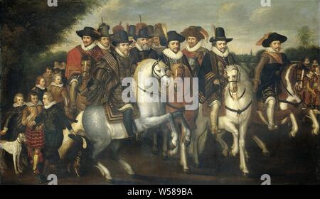 Prince Maurice accompagné de ses deux frères, Frédéric V, électeur palatin, et les comtes de Nassau à cheval, le Prince Maurits, accompagné de ses deux frères, Frédéric V du Palatinat et quelques tombes de Nassau à cheval. Représentés dans la première rangée, de gauche à droite : Maurits (1567-1625), Prince d'Orange, Frédéric V (1596-1632), électeur du Palatinat, Philips Willem (1554-1619), Prince d'Orange et Frederick Henry (1584-1647), Prince d'Orange. Dans la deuxième rangée, entre autres : Willem Lodewijk (1560-1620), comte de Nassau, Ernst Casimir (1573-1632), comte de Nassau-Dietz Banque D'Images