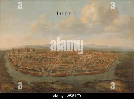 Vue de la Judée, la capitale du Siam, vue de la Judée (Ayutthaya), la capitale du Siam, Iudea (titre sur l'objet), l'ancienne capitale du Siam (Thaïlande). Complexe fortifié avec des temples et des ruines, considéré comme une vue à vol d'oiseau, vue sur la ville en général, 'veduta', endroits à des fins de transaction, Ayuthia, Dutch East India Company, Johannes Vinckboons (attribué à), nord des Pays-Bas), ch. 1662 - c. 1663, , (matériau), la peinture à l'huile (peinture), H 97 cm × w 140 cm Banque D'Images