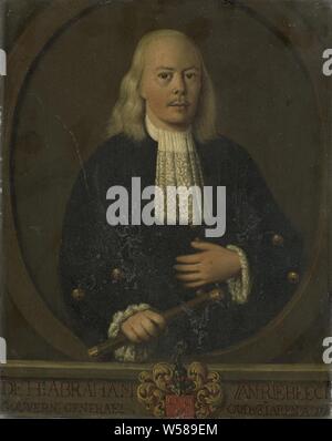 Portrait d'Abraham van Riebeeck, Gouverneur général de la Dutch East Indies, Portrait d'Abraham van Riebeeck (1653-1713). Gouverneur Général (1709-13). Debout, demi-longueur, en ovale, en face. Le personnel de commandement dans la main droite, la main gauche sur la poitrine. Partie d'une série de copies de portraits des gouverneurs généraux de l'ex-Indes néerlandaises, probablement de la Dutch East India Company. Dutch East India Company, Abraham van Riebeeck, anonyme (copie d'après), Batavia, 1750 - 1800, le cuivre (métal), de la peinture à l'huile (peinture), h 34,5 cm × w 27 cm d 3,7 cm Banque D'Images