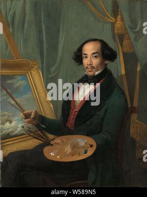 Portrait de Syarif Raden Saleh Bustaman, Portrait du peintre Syarif Raden Saleh Bustaman, assis en face d'une peinture d'un paysage marin avec palette, pinceaux et canne à la main, portrait, auto-portrait du peintre, peintre au travail, dans son atelier, de la mer (marins), Sarief Bastaman Raden Saleh, Friedrich Carl Albert Schreuel (attribué à), ch. 1840, la toile, la peinture à l'huile (peinture), h 106,7 cm × w 85,3 cm d 10,5 cm Banque D'Images